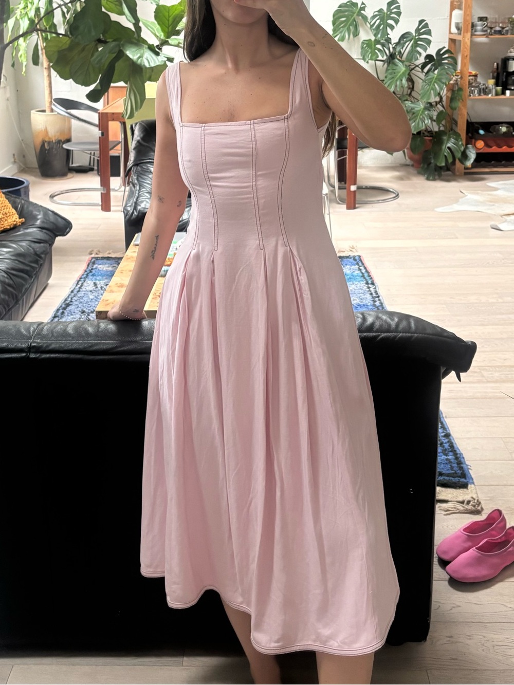 Pink Linen Midi Dress